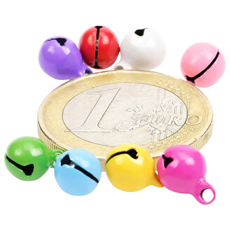 Mini grelots de 6 mm de différentes couleurs (violet, rouge, blanc, rose, vert, bleu, jaune) disposés autour d'une pièce de 1 euro.