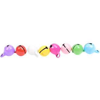 Mini grelots colorés de 6 mm en différentes teintes, alignés côte à côte. Les couleurs incluent le violet, rouge, blanc, jaune, rose, vert et bleu, tous avec une fente noire pour émettre un son.