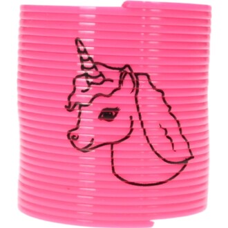 Mini Springy Licorne en couleur rose vif, avec un dessin représentant la tête d'une licorne sur le côté. L'image montre un empilement de plusieurs anneaux en plastique souple et élastique.