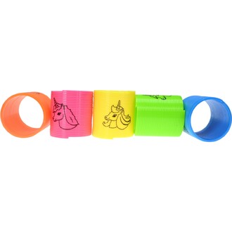 Mini Springy Licorne de différents couleurs avec des dessins de licornes. Les couleurs incluent orange, rose, jaune, vert et bleu. Les ressorts sont alignés les uns à côté des autres.