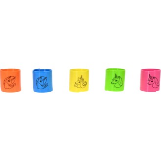 Mini Springy Licorne, un ensemble de cinq ressorts colorés avec des motifs de licornes. Les couleurs des ressorts sont orange, bleu, jaune, vert et rose. Chaque ressort est décoré d'une illustration de licorne.