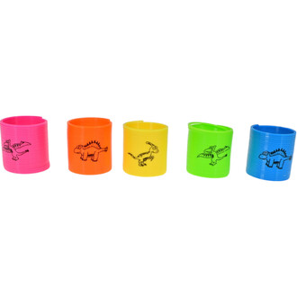 Cinq mini ressorts colorés de jonglerie avec des motifs de dinosaures, disposés en ligne. Les couleurs incluent le rose, l'orange, le jaune, le vert et le bleu, chaque ressort ayant une illustration différente d'un dinosaure.