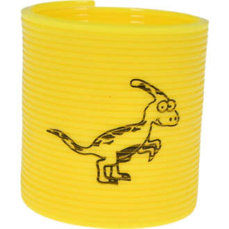 Mini Springy Dinosaure de couleur jaune avec des rainures. Un dessin de dinosaure souriant est imprimé sur la surface.