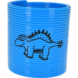 Mini Springy Dinosaure en plastique bleu avec une illustration d'un dinosaure. Le jouet est composé de plusieurs anneaux brillants superposés.