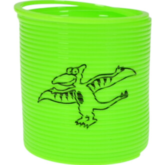 Mini Springy Dinosaure en plastique vert fluorescent avec un dessin représentant un dinosaure volant sur le côté. Le jouet a une texture louche avec des lignes concentriques.