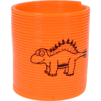 Mini Springy Dinosaure de couleur orange avec des stries, illustré d'un dessin en noir représentant un dinosaure souriant avec des épines sur le dos.