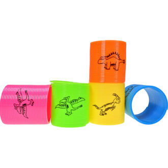 Mini Springy Dinosaure, des gobelets colorés en plastique avec des illustrations de dinosaures, empilés sur une surface. Les couleurs incluent le rose, le vert, l'orange, le jaune et le bleu.