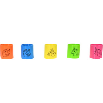 Mini Springy Licorne, un ensemble de cinq ressorts colorés avec des motifs de licornes. Les couleurs des ressorts sont orange, bleu, jaune, vert et rose. Chaque ressort est décoré d'une illustration de licorne.