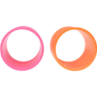 Deux mini ressorts colorés sont présentés : un ressort de couleur rose à gauche et un ressort de couleur orange à droite. Les ressorts sont circulaires et flexibles, illustrant le design ludique du produit.