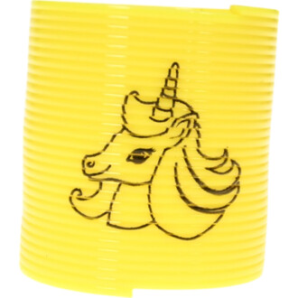 Mini Springy Licorne en plastique jaune avec un dessin d'une licorne sur le côté.