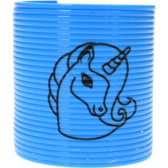 Mini Springy Licorne, un ressort coloré bleu avec un dessin de licorne sur le côté. Le produit est composé de plusieurs spirales de plastique, et la licorne est élégamment stylisée avec une crinière et une corne.