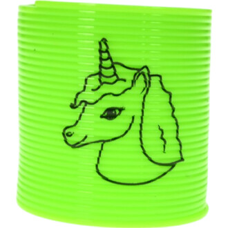 Mini Springy Licorne en plastique vert fluo avec un dessin de tête de licorne, présentant un symbole de magie et de fantaisie.