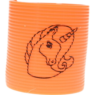 Mini Springy Licorne en plastique orange avec des rayures et un dessin noir représentant la tête d'une licorne.
