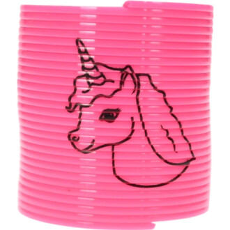 Mini Springy Licorne en couleur rose vif, avec un dessin représentant la tête d'une licorne sur le côté. L'image montre un empilement de plusieurs anneaux en plastique souple et élastique.