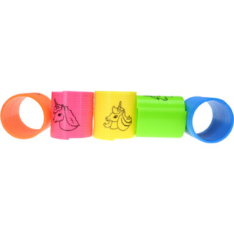 Mini Springy Licorne de différents couleurs avec des dessins de licornes. Les couleurs incluent orange, rose, jaune, vert et bleu. Les ressorts sont alignés les uns à côté des autres.