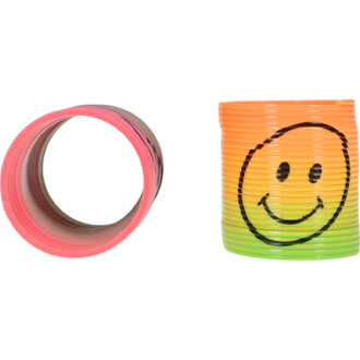 Mini Springy Smiley, un jouet en spirale coloré, avec une section rose à gauche et une section orange à droite, ornée d'un smiley souriant.