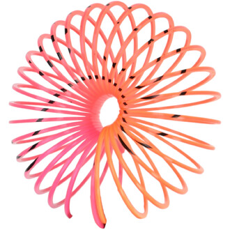 Mini Springy Smiley coloré en dégradé de rose et orange, formant une spirale avec des sections alternant noir et transparent.