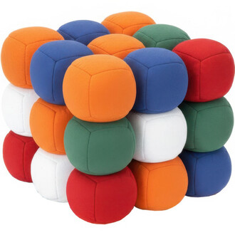 Balle Mini Uglies empilées, présentant une variété de couleurs vives : bleu, orange, vert, rouge, blanc et noir. Les balles sont en tissu doux et semblent légères, adaptées pour la jonglerie.