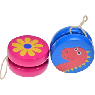 Mini yo-yo en bois, avec un côté rose décoré d'une fleur et un côté bleu illustré d'un dinosaure. Le yo-yo est accompagné d'une petite corde.