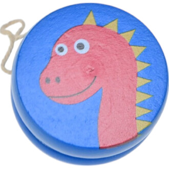 Mini yoyo en bois de couleur bleue, décoré d'un dessin représentant un dinosaure rose avec des écailles jaunes sur le dos et un sourire joyeux. Une corde est attachée à l'appareil.