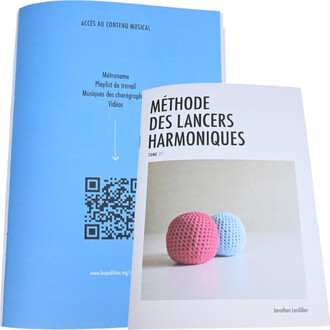 Fiche produit avec en arrière-plan une couverture de livre intitulée Méthode des Lancers Harmoniques et un QR code sur une page bleue. Le livre montre deux balles en tricot, une rose et une bleue, posées sur une surface claire.