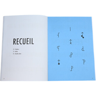Livre ouvert avec une page bleue à droite et des symboles noirs variés. À gauche, le titre RECUEIL en lettres grandes et noires, suivi de trois lignes numérotées indiquant des sections. La page bleue présente différents symboles géométriques et iconiques.