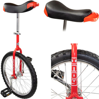 Monocycle Indy Deluxe Trainer 20 pouces rouge avec selle noire et embouts orange, tige de selle chromée, roue tout-terrain, pédales à plateforme et cadre au logo Indy; collage montrant des vues de face, de côté et de la roue.
