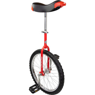 Monocycle Indy Deluxe Trainer 20 pouces, cadre rouge, selle noire, tige de selle réglable avec collier, roue unique de 20 pouces avec pneu tout-terrain et jante argentée, pédales noires.