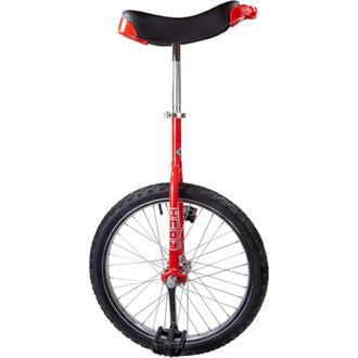 Monocycle Indy Deluxe Trainer 20 pouces: cadre rouge, roue de 20 pouces avec pneu noir et rayons argentés, selle noire sur tige argentée, pédales noires.