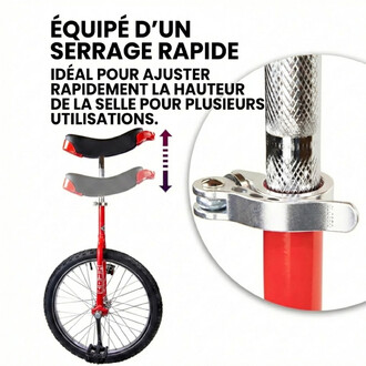 Monocycle Indy Deluxe Trainer 20 pouces rouge avec roue de 20 pouces, selle noire et grise réglable sur sa tige, et levier de serrage rapide métallique illustrant l’ajustement de hauteur.