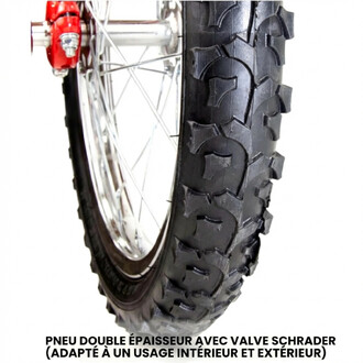 Monocycle Indy Deluxe Trainer 20 pouces — roue arrière avec pneu tout-terrain à crampons, double épaisseur et valve Schrader, jante métallique et cadre rouge partiellement visible.