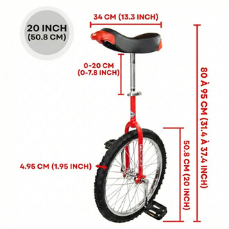 Monocycle Indy Deluxe Trainer 20 pouces — cadre rouge avec selle noire et extrémités orange, tige de selle argentée réglable, roue de 20 pouces avec pneu noir et pédales noires, photo montrant les mesures en rouge (hauteur ajustable et dimensions).