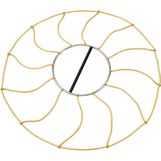 Hula hoop Chakra doré avec cerceau central en métal argenté et rayons en corde tressée formant un motif spirale, vu de face sur fond blanc.