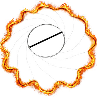 Ein schwarzer, metallischer Kreis, umgeben von einem Ring aus orangefarbenen und roten Flammen auf weißem Hintergrund, mit grauen Flugbahnlinien um den Kreis herum.