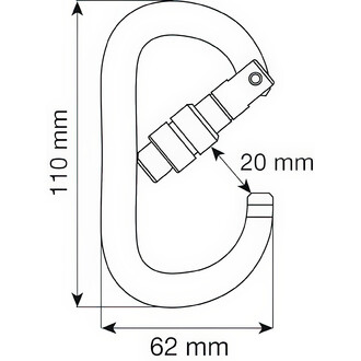 Mousqueton XL Camp, vue technique en dessin avec dimensions indiquées : 110 mm de hauteur, 62 mm de largeur, et 20 mm de largeur à l'intérieur du mosqueton.