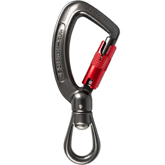 Mousqueton Swivel Supersafe en aluminium gris et rouge avec fermeture à vis et œil tournant, vu de face sur fond blanc.