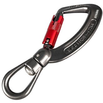 Mousqueton de sécurité en aluminium gris avec double verrouillage à vis rouge et anneau pivotant, marqué TWISTLOCK, 23 kN, pour la jonglerie et les arts du cirque.
