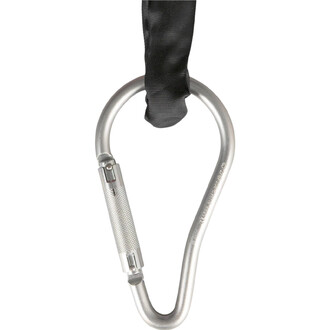 Mousqueton large ISC KH407 en aluminium argenté avec verrouillage à vis, accroché à une sangle noire.