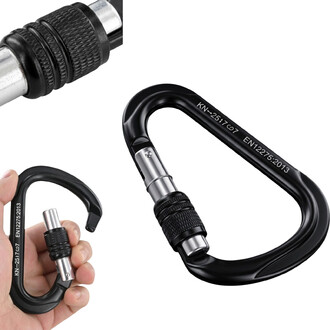 Mousqueton poire XL à vis noir avec verrouillage par vis, gros plan montrant la forme en poire et le mécanisme de verrouillage.