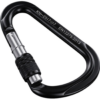 Mousqueton poire XL à vis noir en gros plan, verrouillage à vis avec bague crantée argentée et inscription EN12275:2013 sur le corps.