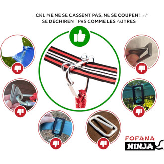 Image illustrant les caractéristiques du produit Fofana Ninja, mettant en avant la solidité de l'équipement. Au centre, une sangle rouge avec des rayures noires et une attache en métal, entourée d'icônes avec des signes de désapprobation montrant des prod