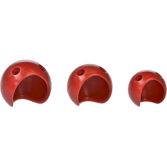 Trois nez en silicone de couleur rouge, offrant différentes tailles, destinés à la jonglerie. Chaque nez a une forme sphérique avec une ouverture sur le côté et deux trous pour l'attache.