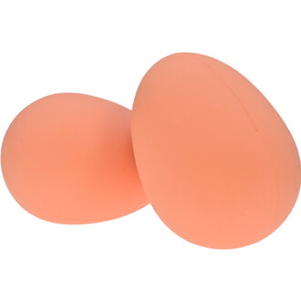 Deux œufs rebondissants en silicone de couleur rose clair, présentés sur un fond blanc. L'un est légèrement plus petit et placé derrière l'autre, qui est plus grand et au premier plan.