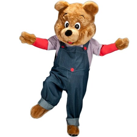 Bear in blue overalls mascot