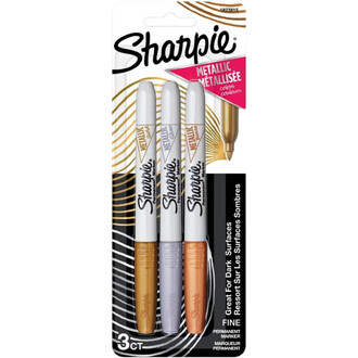 Pack Sharpie Métalliques : ensemble de 3 marqueurs permanents métalliques argent, or et cuivre sur emballage Sharpie avec logo et mention Métallique.
