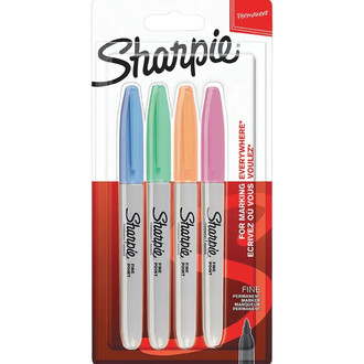 Pack de 5 marqueurs Sharpie pastel à pointe fine, couleurs pastel bleu, vert, orange, rose et violet dans un emballage transparent.