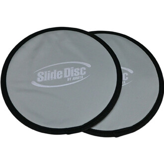 Patins glissants Sarneige, comprenant deux disques ronds gris avec un contour noir, marqués du logo SlideDisc by Amaya.