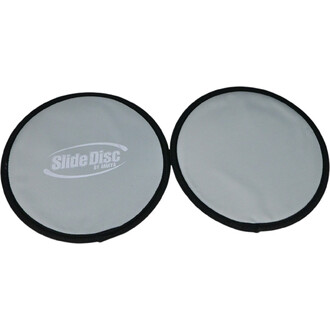 Deux patins glissants ronds de couleur grise, avec un bord noir, affichant le logo SlideDisc by Amaya en blanc sur la surface. Les patins sont présentés côte à côte.