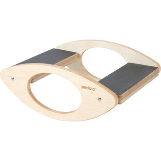 Support de jonglerie en bois avec deux surfaces antidérapantes noires et des formes ovales sur les côtés, marquées du logo pedalo.