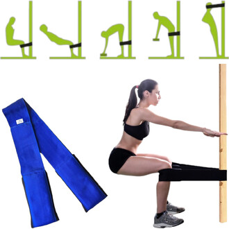 Corde de soutien de posture pour exercices de fitness, avec une illustration de différentes positions d'utilisation en haut et une femme utilisant la corde pour faire des squats en bas à gauche.